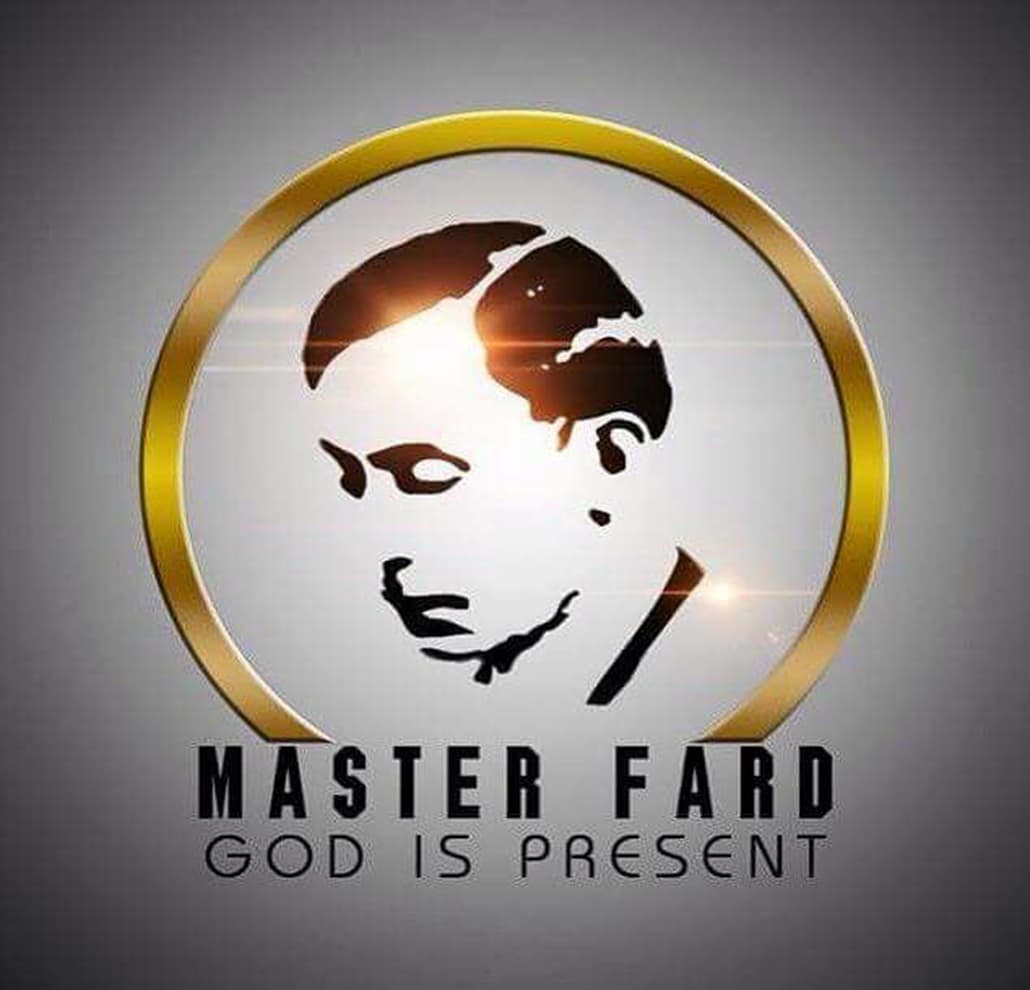 A head shot of Master Fard Muhammad with a golden halo encircling His upper body