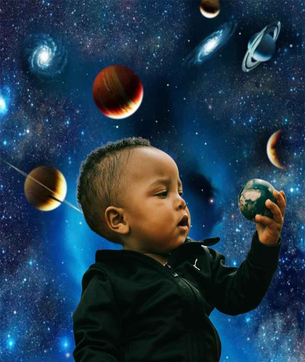 Beautiful Black Baby holding the Planet Earth in his hand