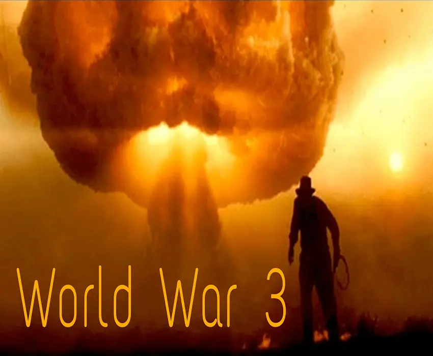 Nuclear explosion with an orange sky in the background with a man in a cowboy hat in the foreground